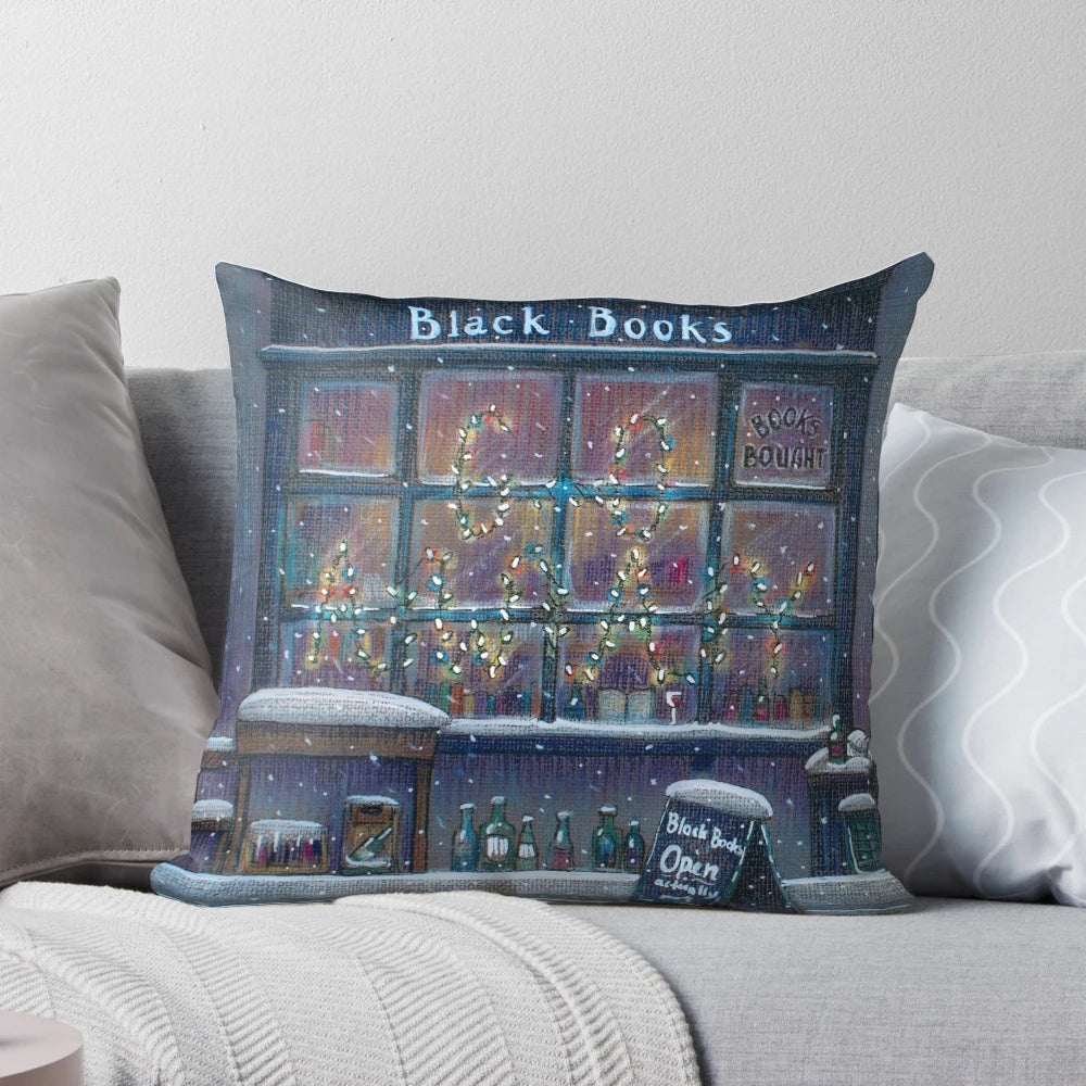 Black Books-themed Christmas pillow with humorous design