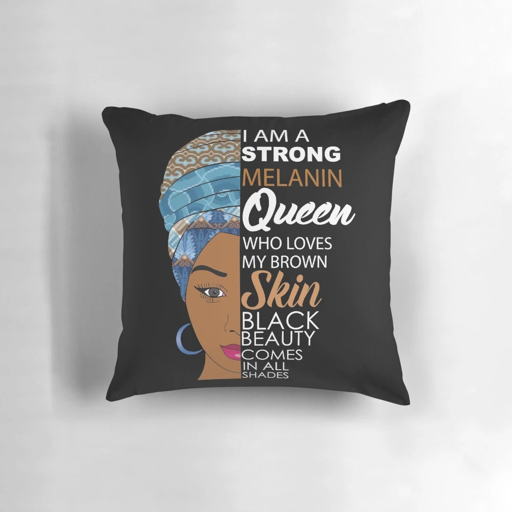 Black melanin queen decorative throw pillow with afrocentric, ethnic design
