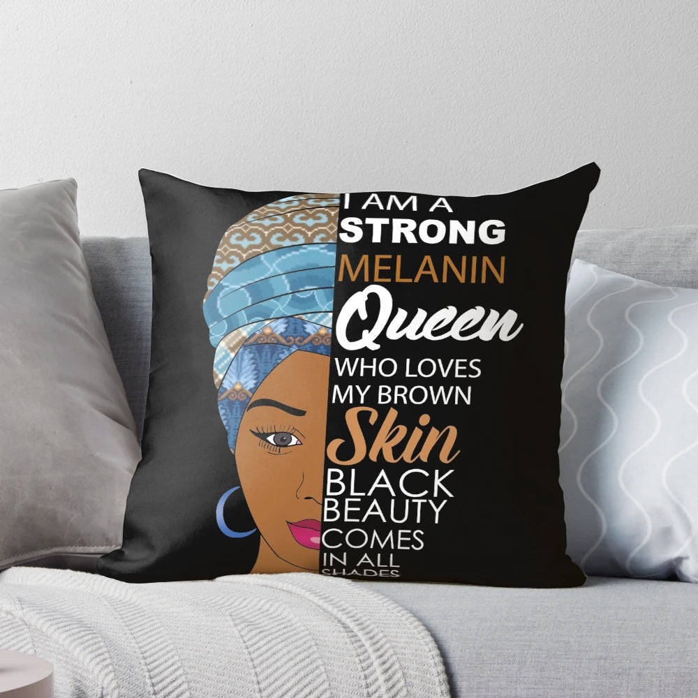 Black melanin queen decorative throw pillow with afrocentric, ethnic design