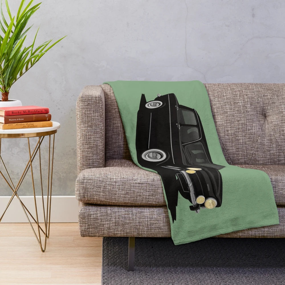 Black plush blanket with classic Simca 1000 car illustration