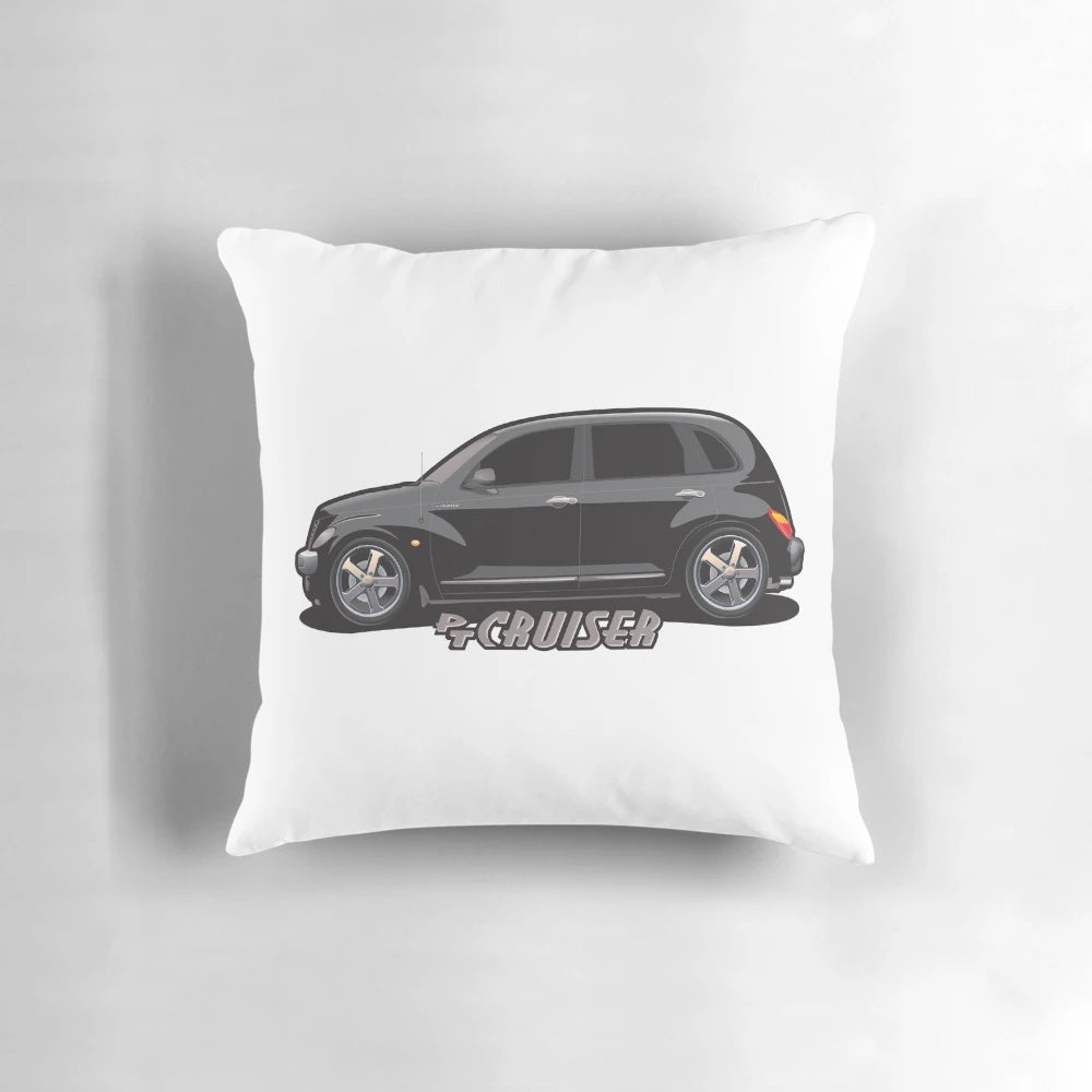 Black pillow featuring a vector illustration of a PT Cruiser car