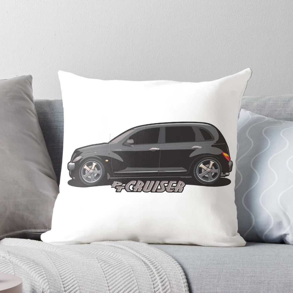 Black pillow featuring a vector illustration of a PT Cruiser car