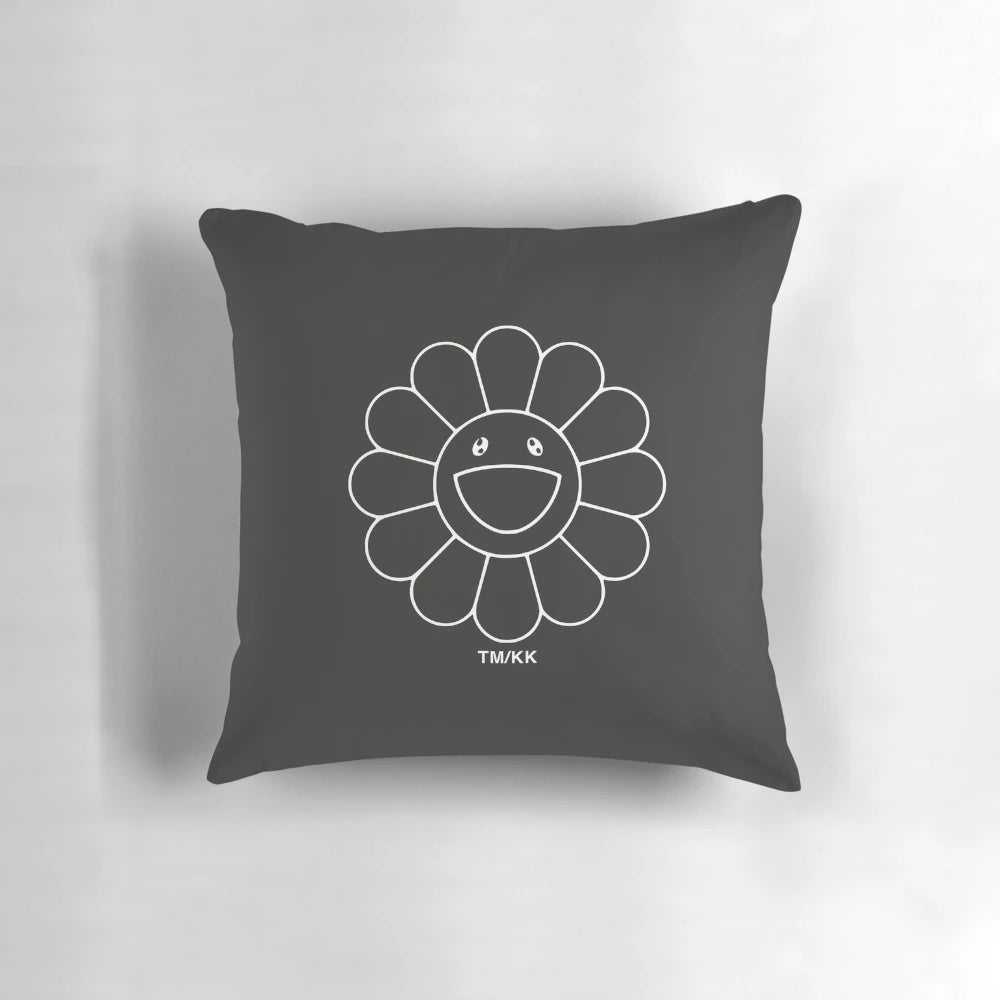 Black mask with a smiling flower design, inspired by hypebeast style