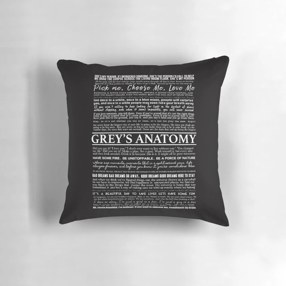Black and white typography pillow featuring quotes from the TV show Grey's Anatomy