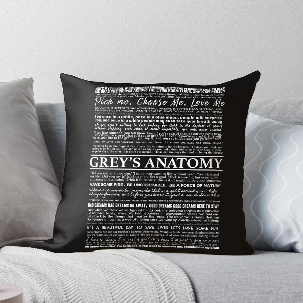 Black and white typography pillow featuring quotes from the TV show Grey's Anatomy