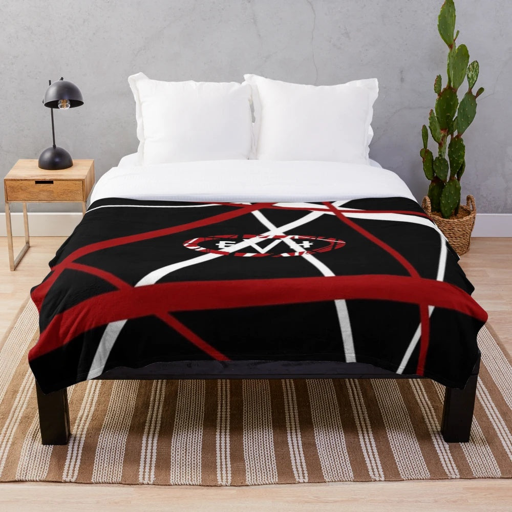 Black plush blanket with a van design as a tribute to the late Eddie Halen