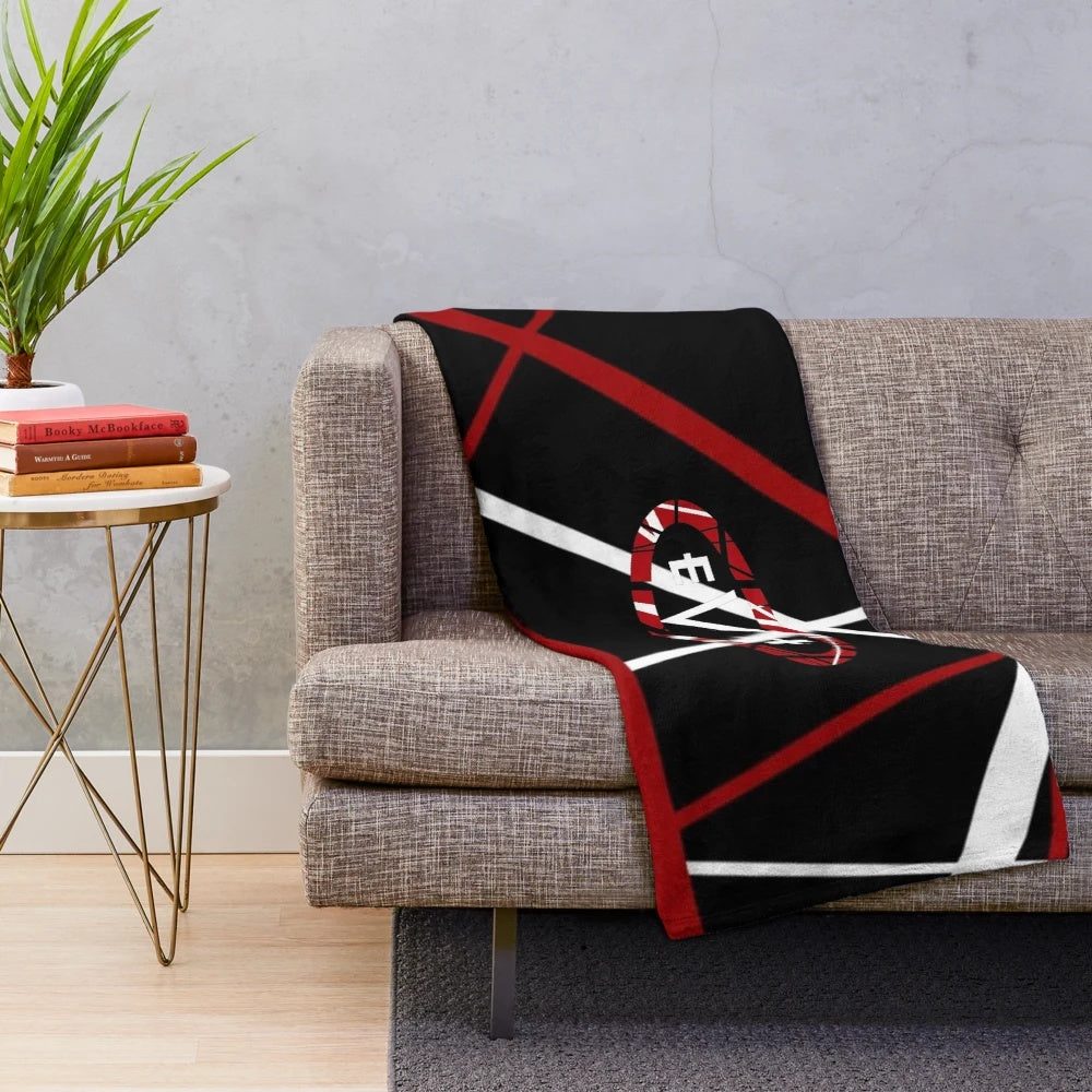Black plush blanket with a van design as a tribute to the late Eddie Halen
