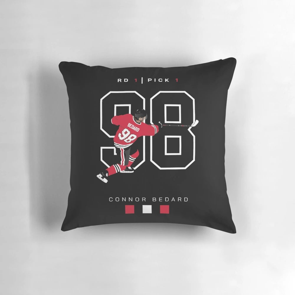 Pillow featuring custom Connor Bedard hockey art for Blackhawks fans