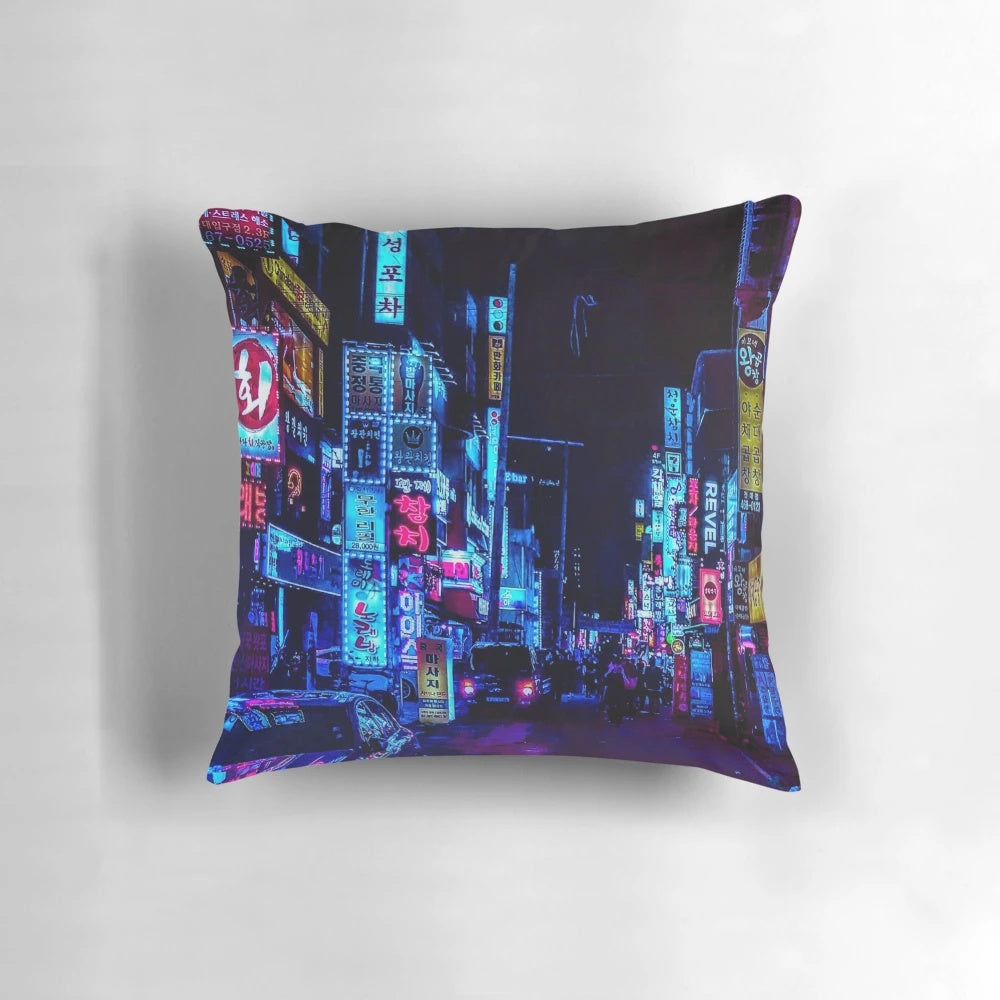 Blade Runner-inspired pillow with a vibrant city skyline design