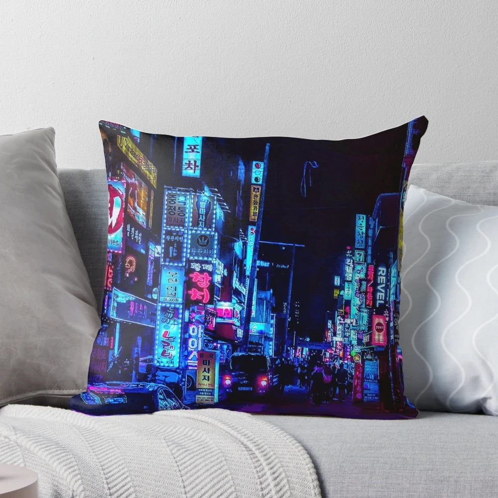 Blade Runner-inspired pillow with a vibrant city skyline design