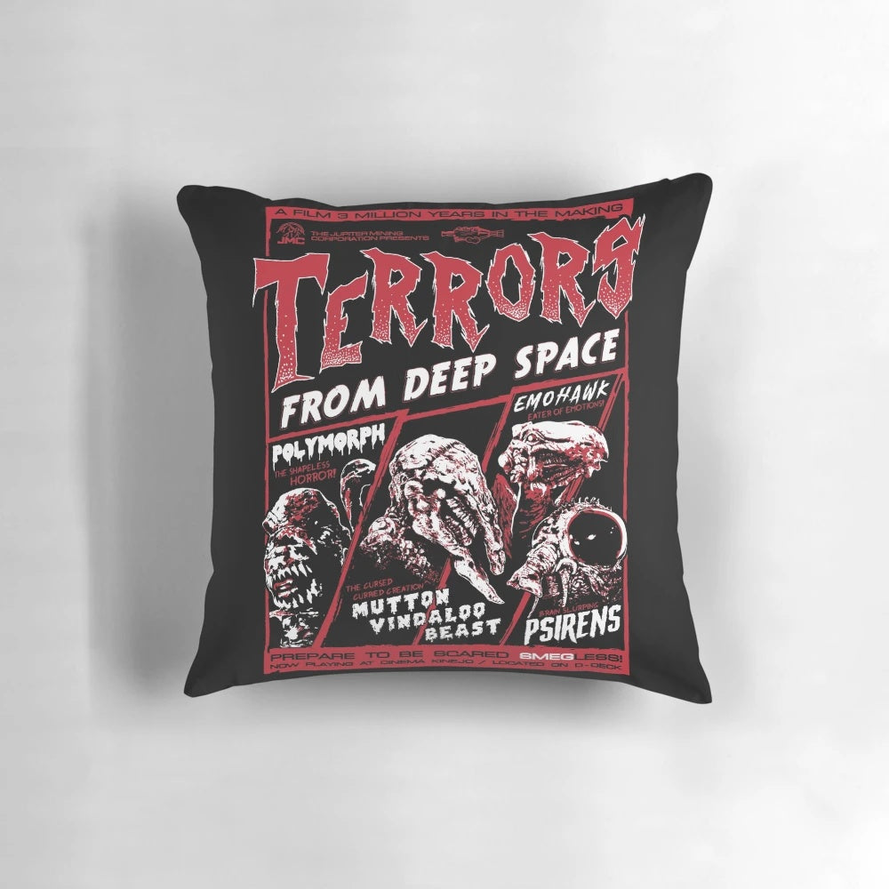 A cozy red dwarf-themed pillow featuring iconic sci-fi characters and cosmic terror