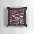 A cozy red dwarf-themed pillow featuring iconic sci-fi characters and cosmic terror