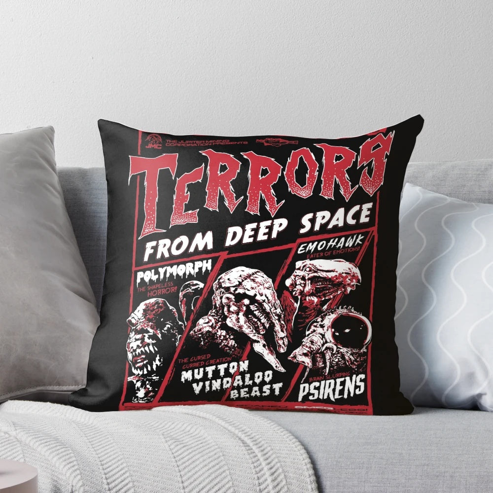 A cozy red dwarf-themed pillow featuring iconic sci-fi characters and cosmic terror