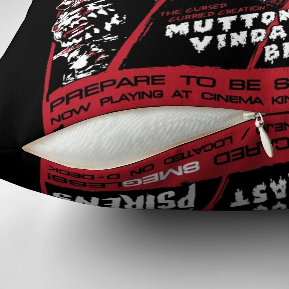 A cozy red dwarf-themed pillow featuring iconic sci-fi characters and cosmic terror