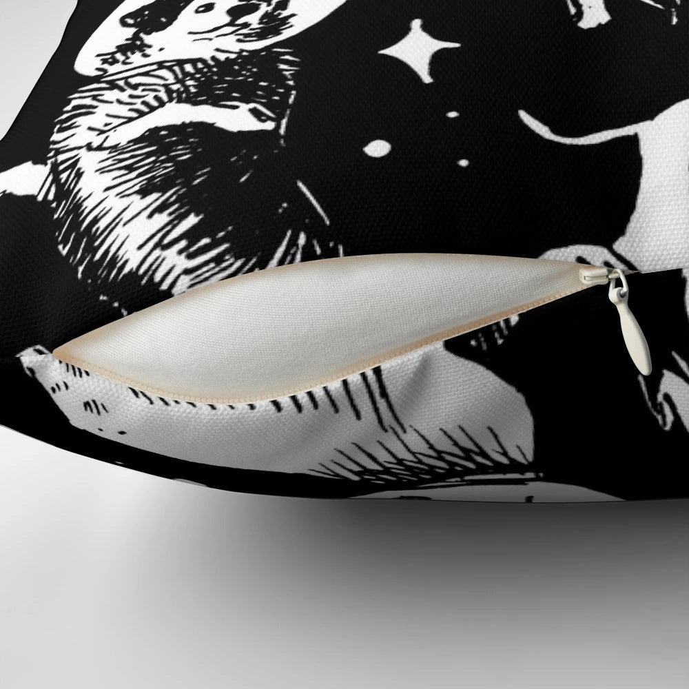 A plush pillow featuring a playful pattern of space-traveling dogs against a black background.