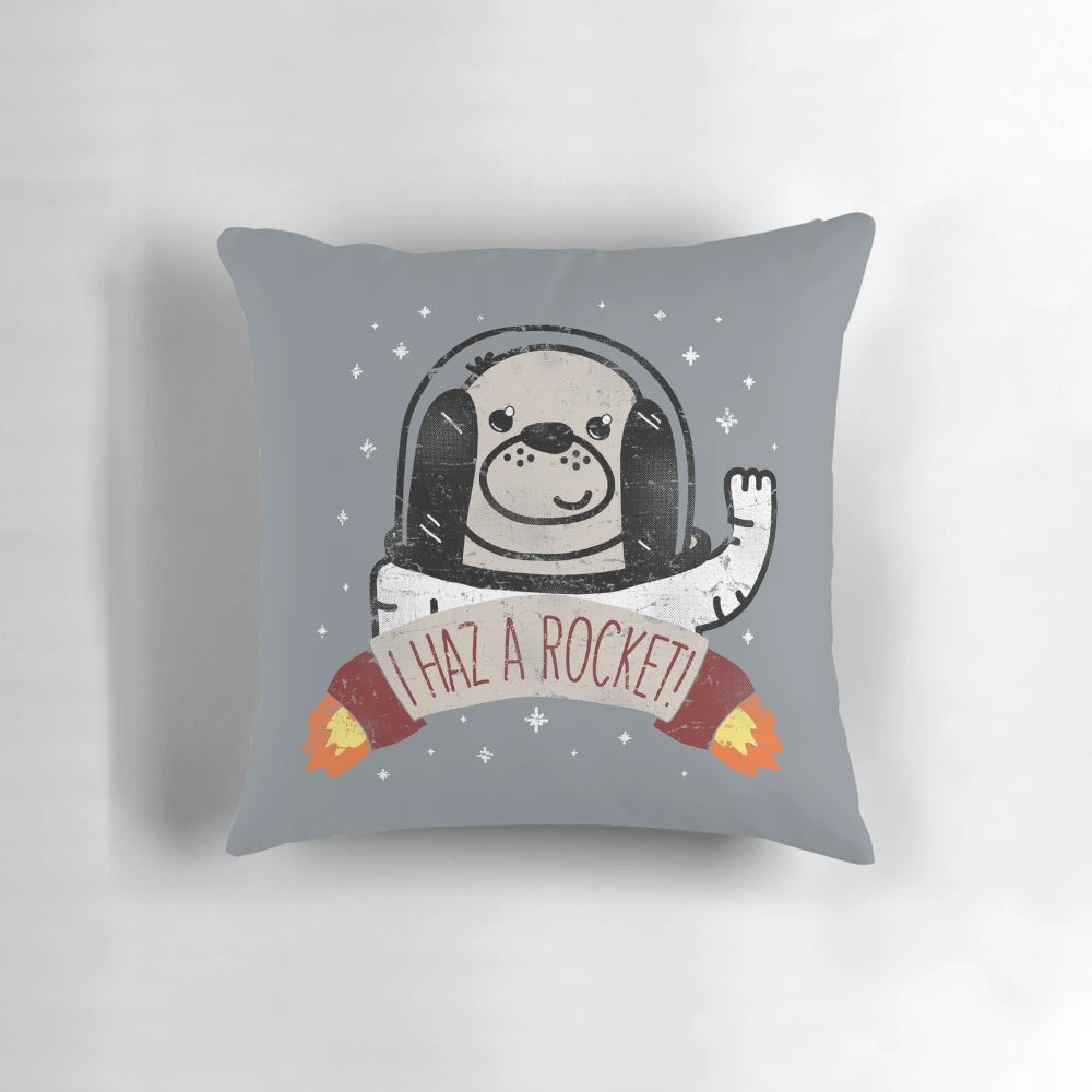 A whimsical doodle illustration of a happy puppy wearing an astronaut suit and riding a rocket ship against a galaxy background