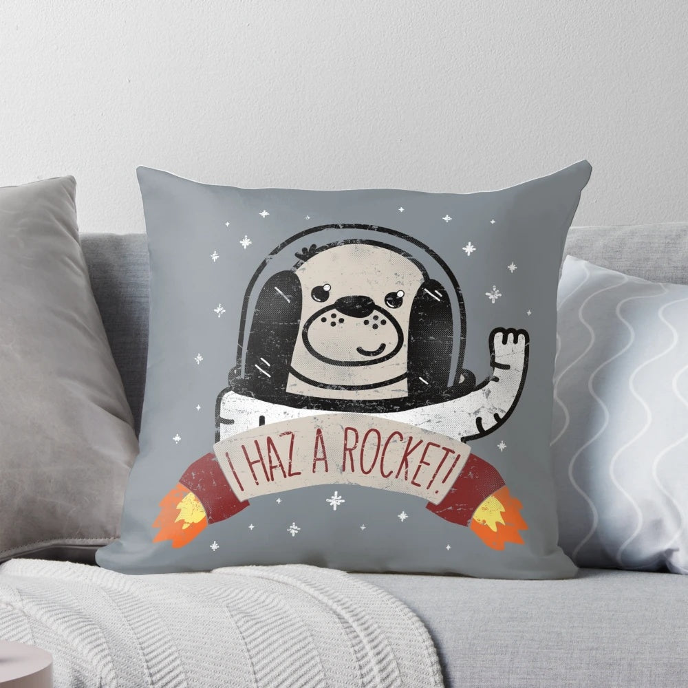 A whimsical doodle illustration of a happy puppy wearing an astronaut suit and riding a rocket ship against a galaxy background