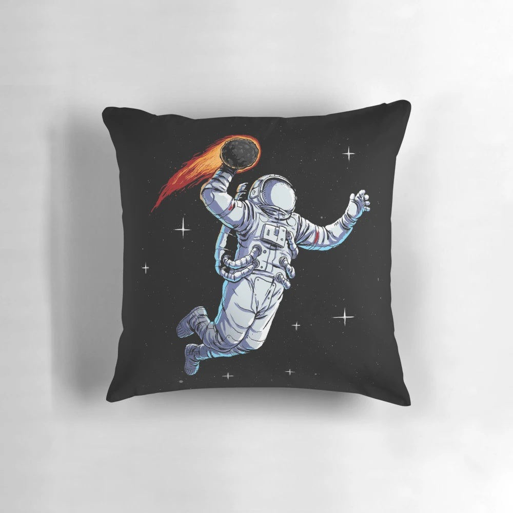 An astronaut basketball player performing a dunk in a starry, space-themed background.