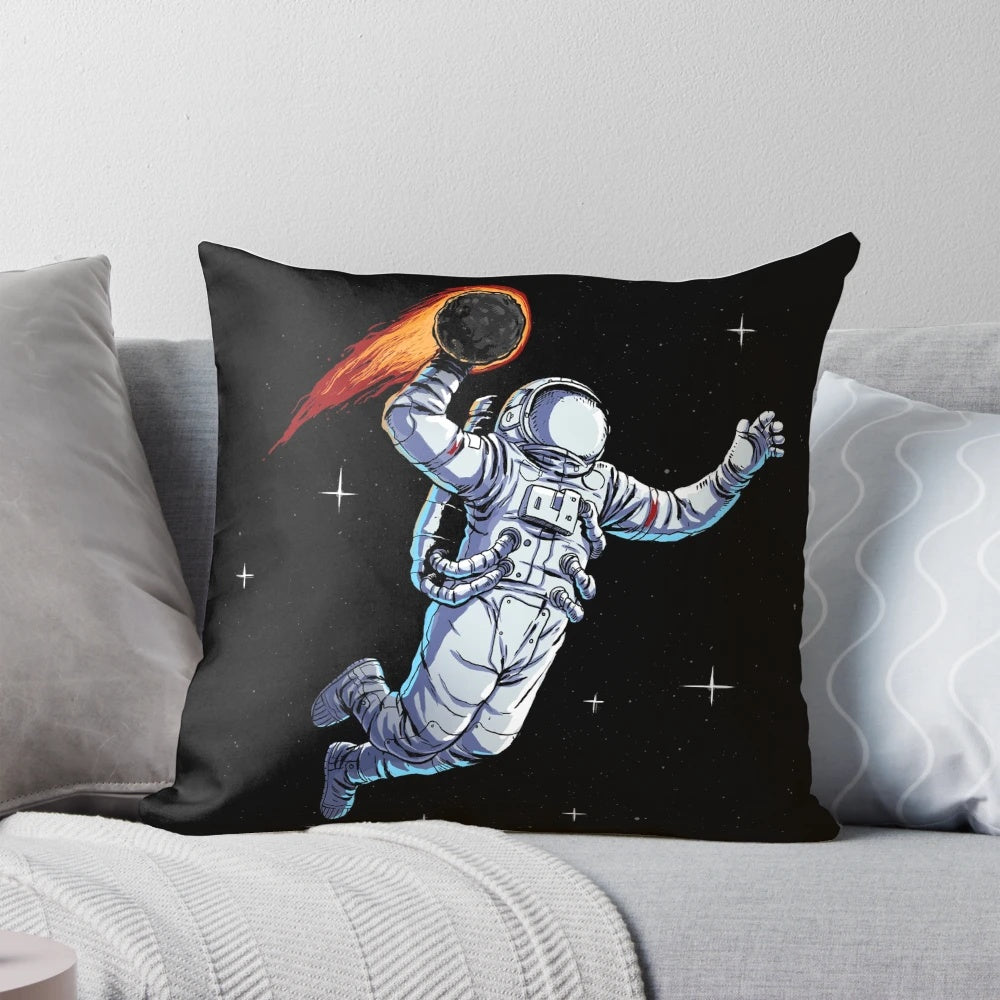 An astronaut basketball player performing a dunk in a starry, space-themed background.