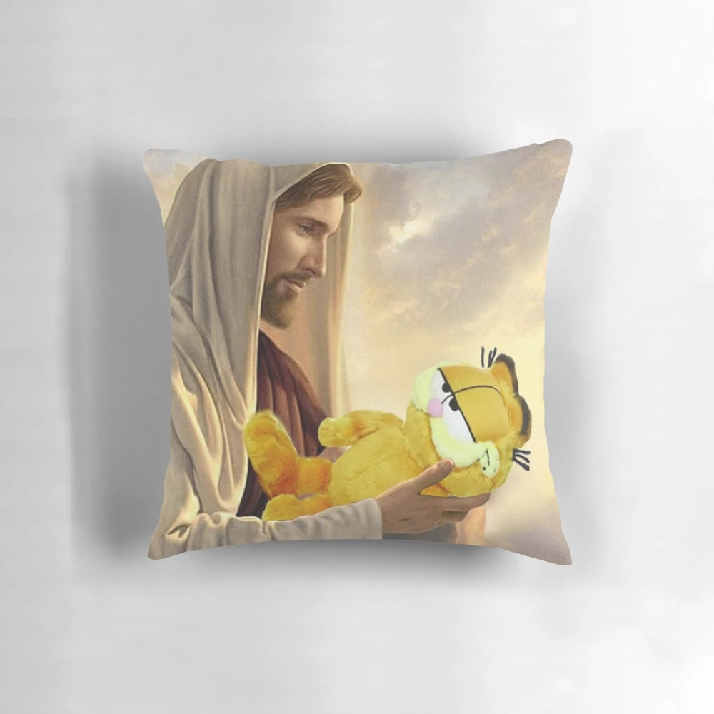 A cozy and whimsical pillow featuring the beloved cartoon character Garfield in a blessed, angelic depiction.