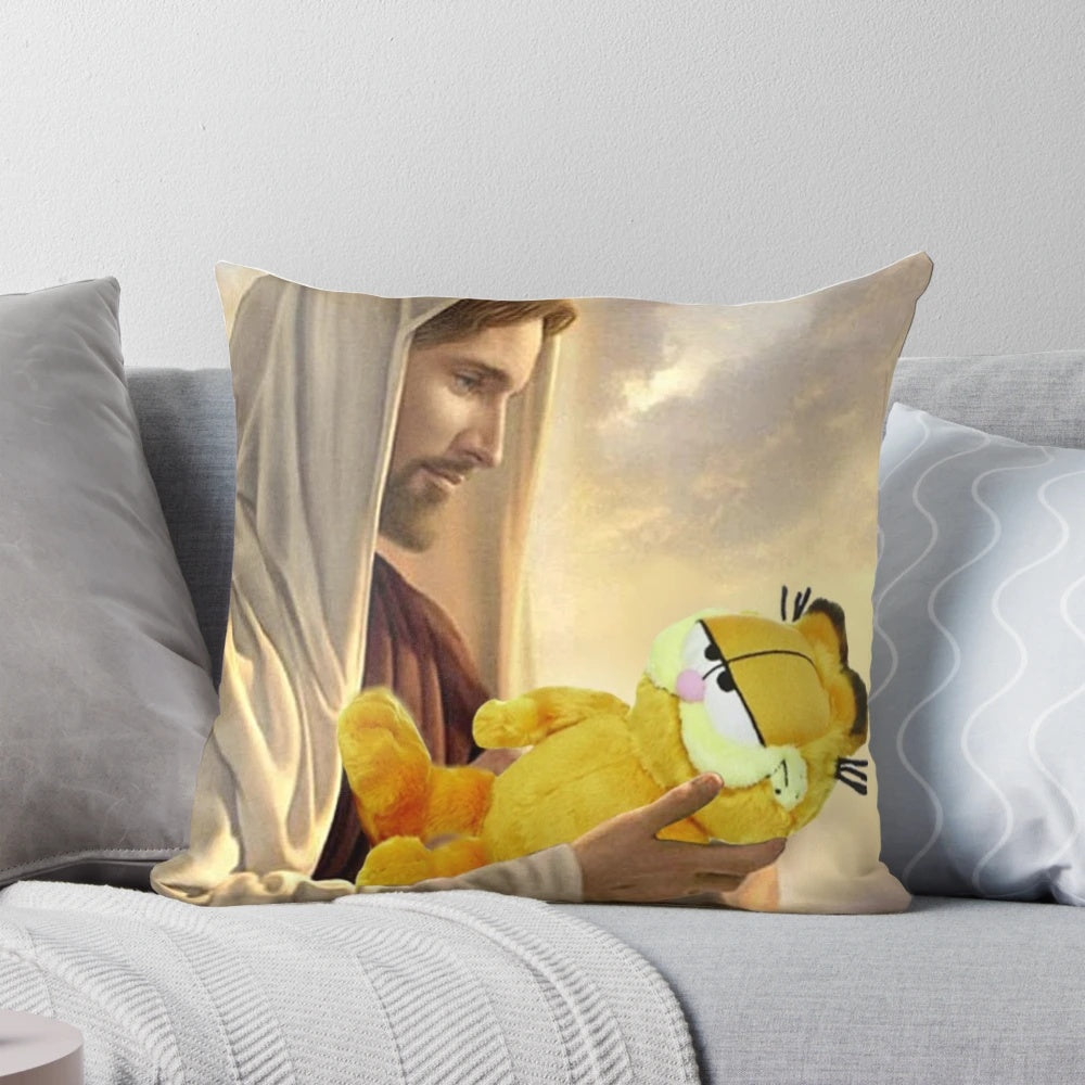 A cozy and whimsical pillow featuring the beloved cartoon character Garfield in a blessed, angelic depiction.