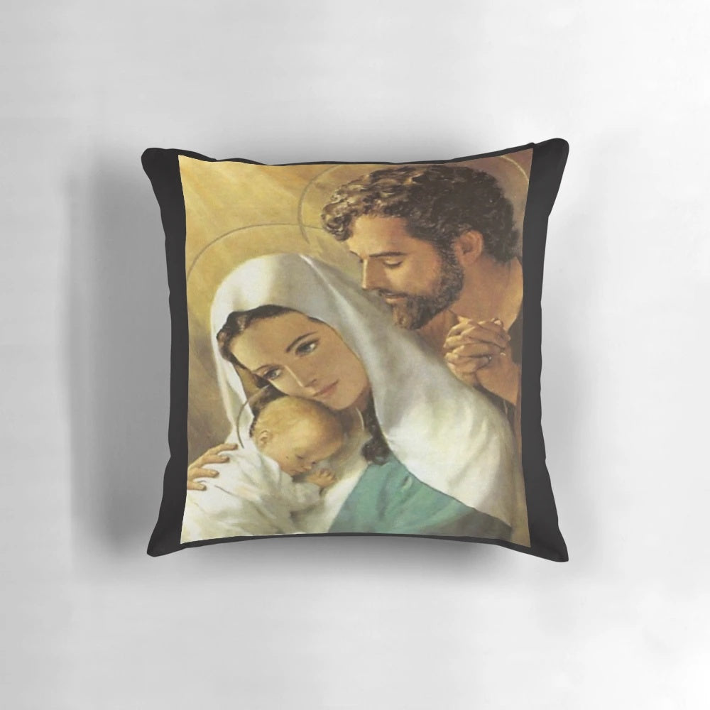 Soft, plush pillow featuring an image of the Holy Family - Baby Jesus, Mother Mary, and Joseph