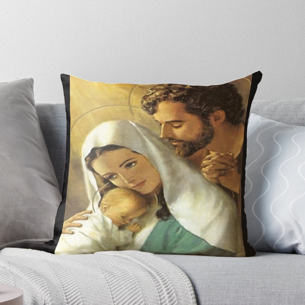 Soft, plush pillow featuring an image of the Holy Family - Baby Jesus, Mother Mary, and Joseph