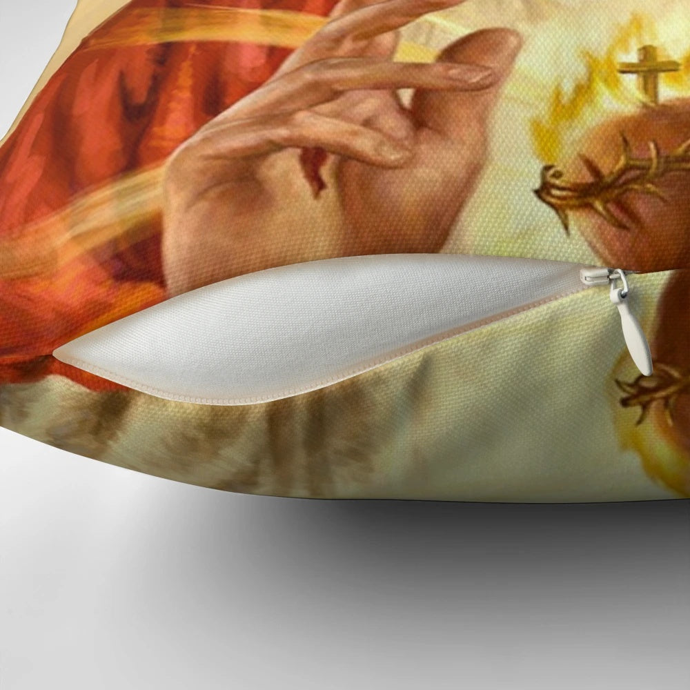 A pillow featuring an image of Nicholas Cage with a blessing or sacred heart