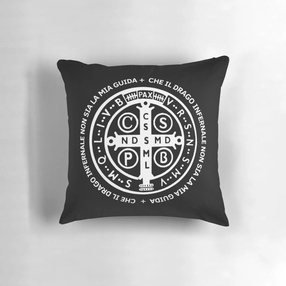 Decorative pillow cover featuring an image of the Saint Benedict Abbot medal