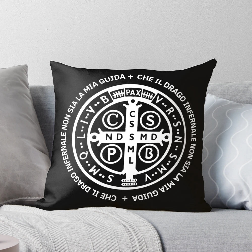 Decorative pillow cover featuring an image of the Saint Benedict Abbot medal