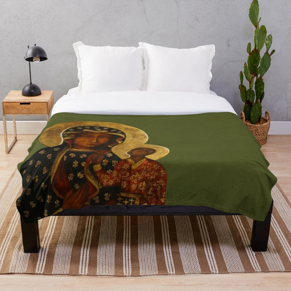 Plush blanket featuring the iconic image of the Black Madonna of Czestochowa, also known as Our Lady of Częstochowa