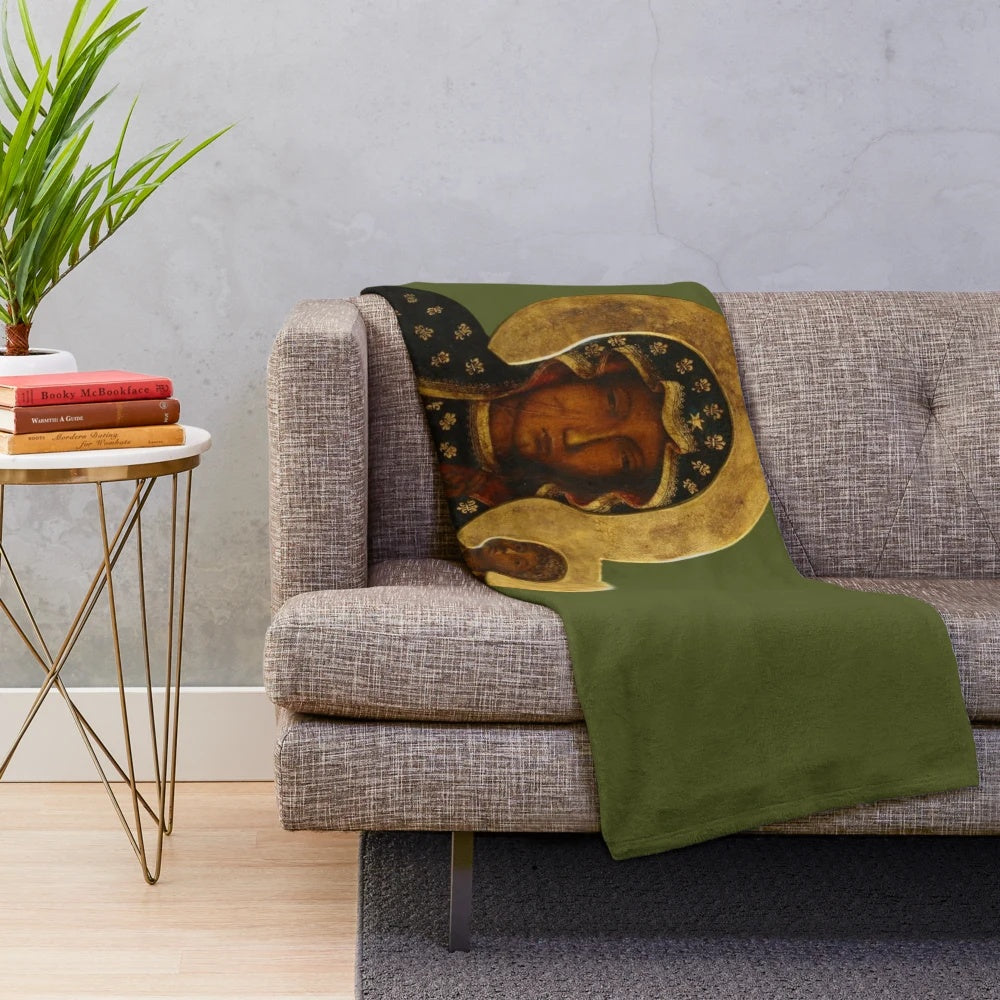 Plush blanket featuring the iconic image of the Black Madonna of Czestochowa, also known as Our Lady of Częstochowa