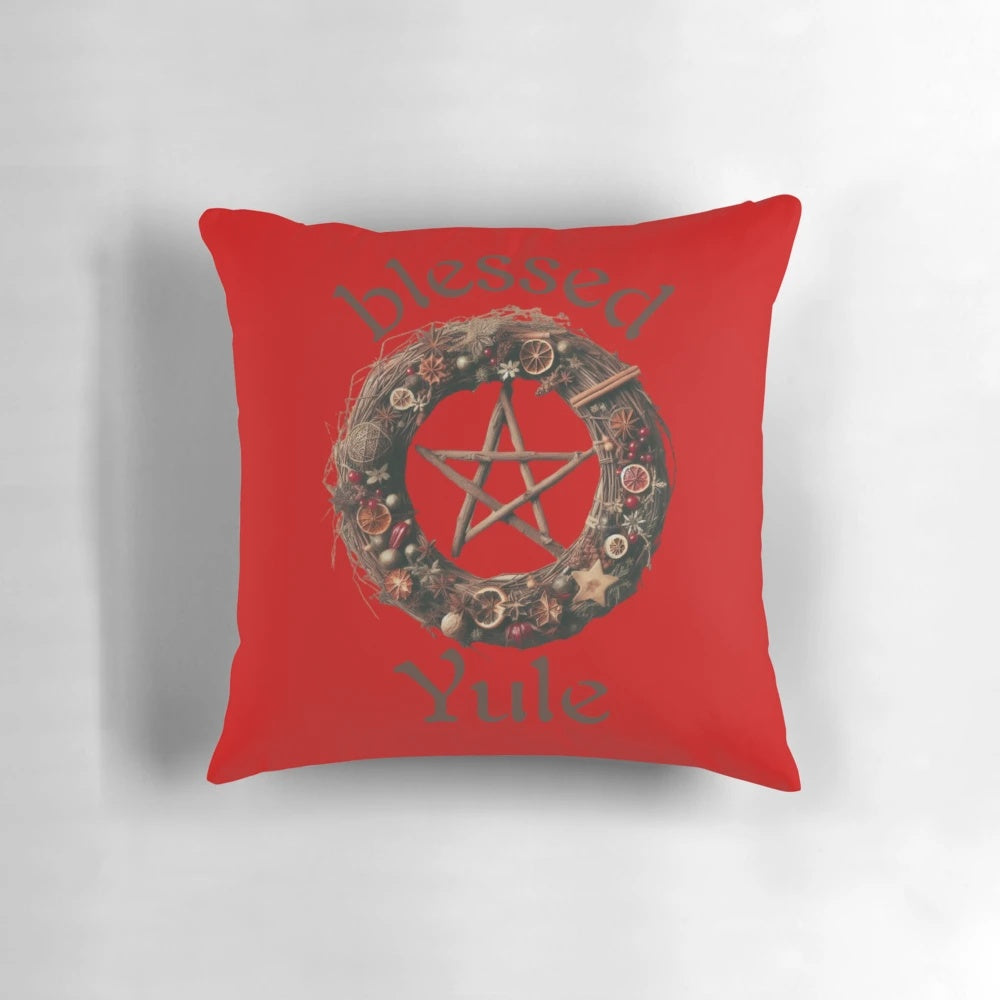 Blessed Yule throw pillow with pagan and wiccan symbols