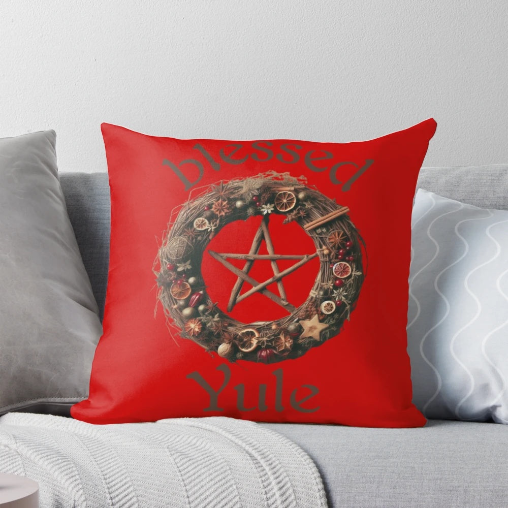 Blessed Yule throw pillow with pagan and wiccan symbols