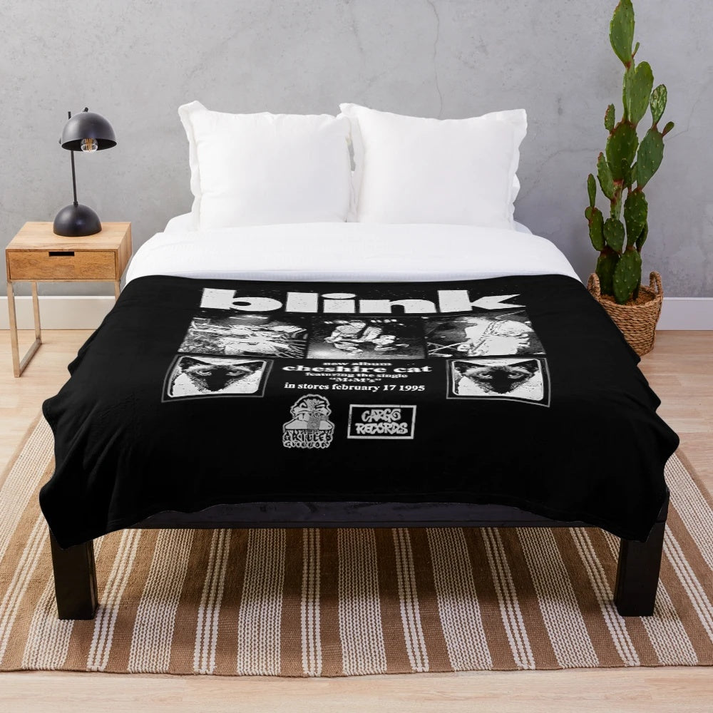 Blink 182 inspired vintage-style plush blanket with band logo and tour dates
