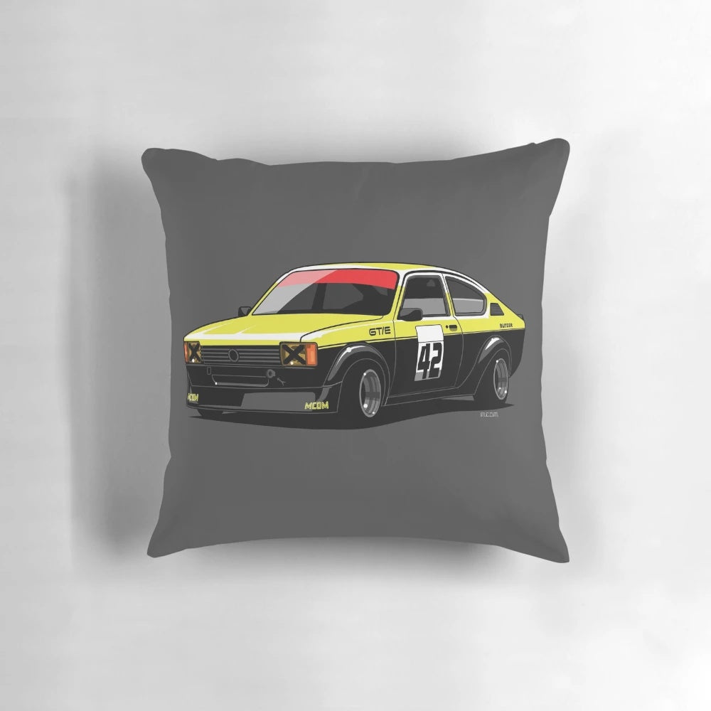 Blitz Kadett C Sporting Coupe GS/E black and yellow pillow, featuring automotive art