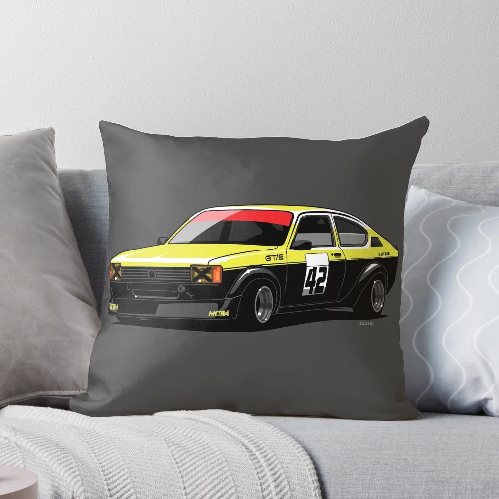 Blitz Kadett C Sporting Coupe GS/E black and yellow pillow, featuring automotive art