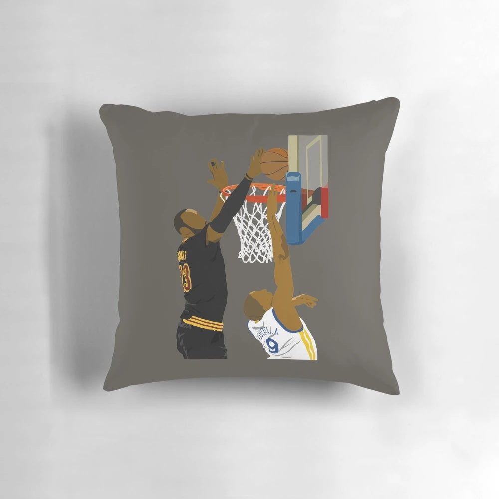 Pillow with an iconic NBA basketball image of LeBron James blocking a shot