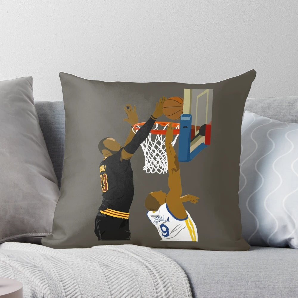 Pillow with an iconic NBA basketball image of LeBron James blocking a shot