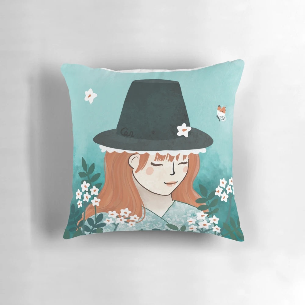 A vibrant pillow featuring a Welsh lady with a Blodyn Tatws (Welsh Lady) design, showcasing the beauty and heritage of Wales.