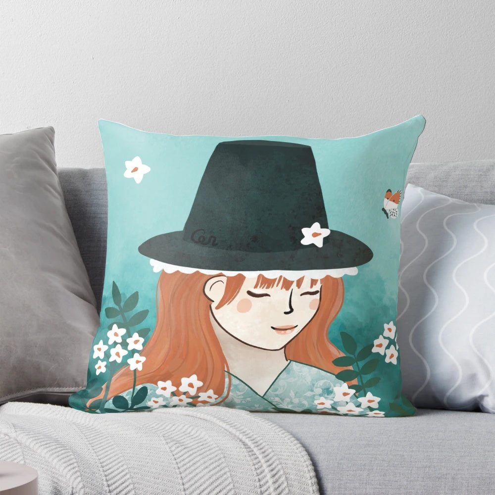 A vibrant pillow featuring a Welsh lady with a Blodyn Tatws (Welsh Lady) design, showcasing the beauty and heritage of Wales.