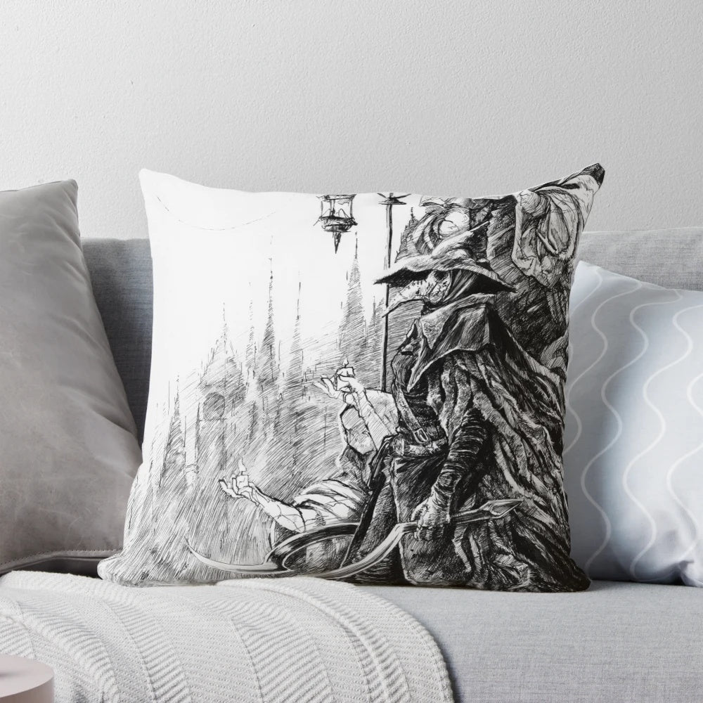 Bloodborne Eileen the Crow plague doctor ink art pillow