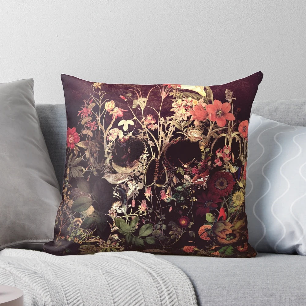 Bloom Skull Artistic Throw Pillow featuring a floral and sugar skull design