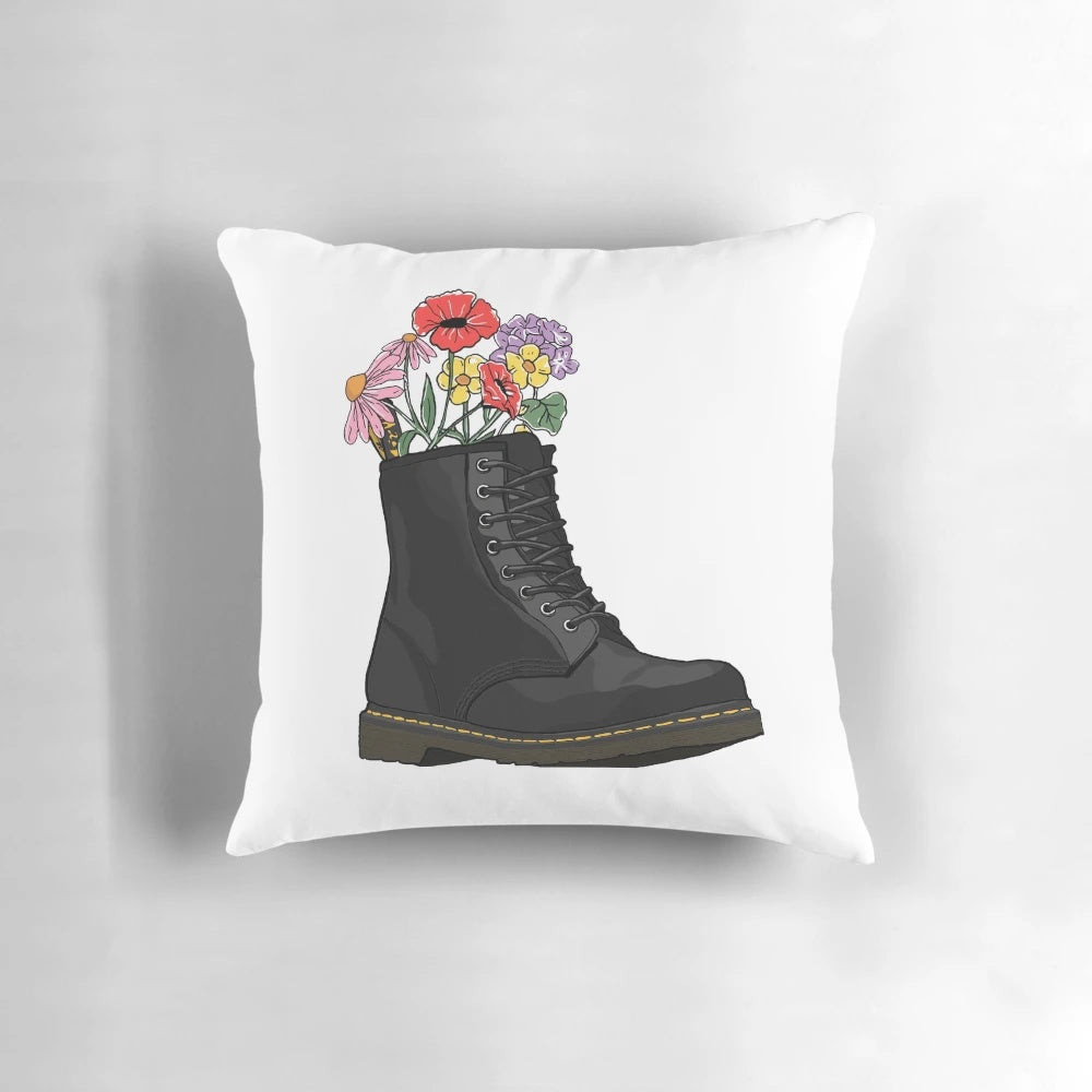 Flowers bursting from a classic Doc Marten boot, creating a unique and striking visual.