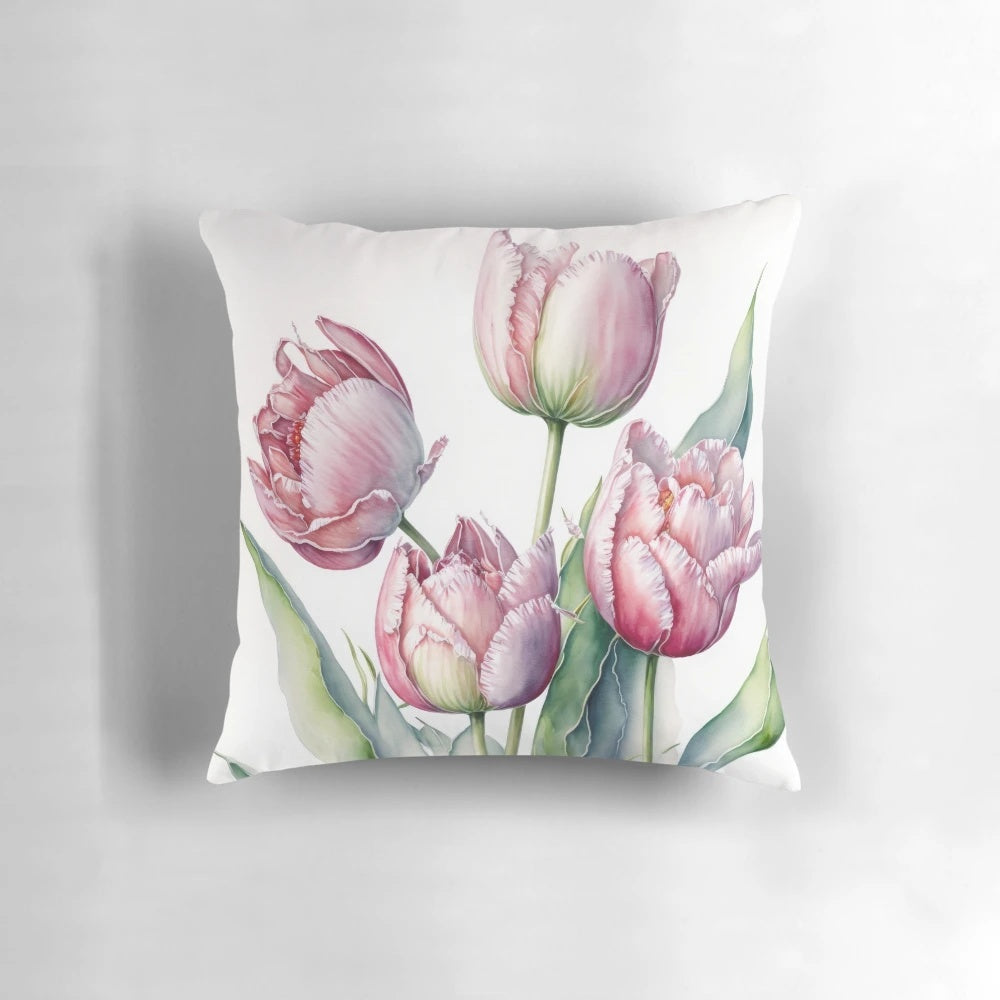 Close-up of a beautiful pink tulip flower printed on a decorative pillow