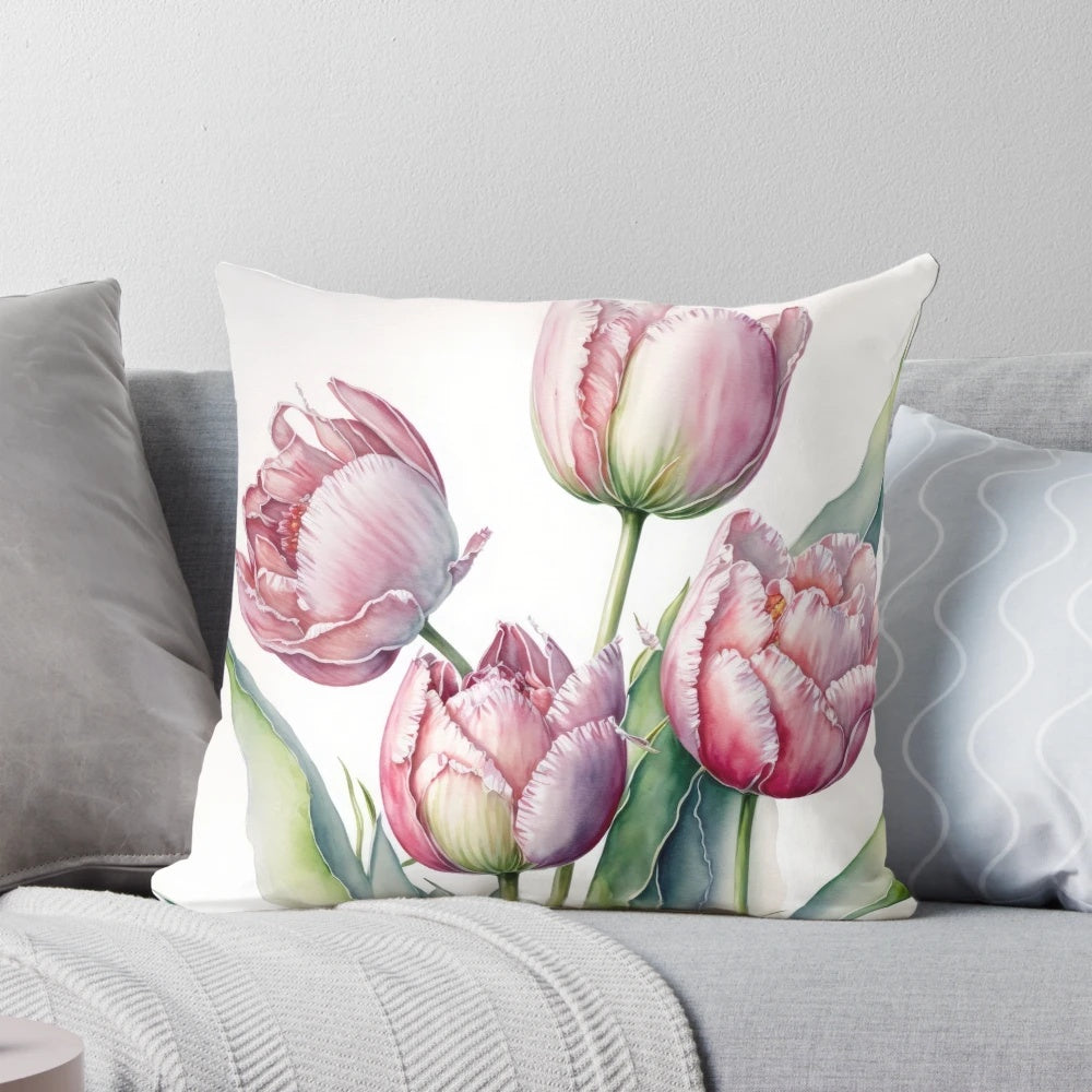 Close-up of a beautiful pink tulip flower printed on a decorative pillow