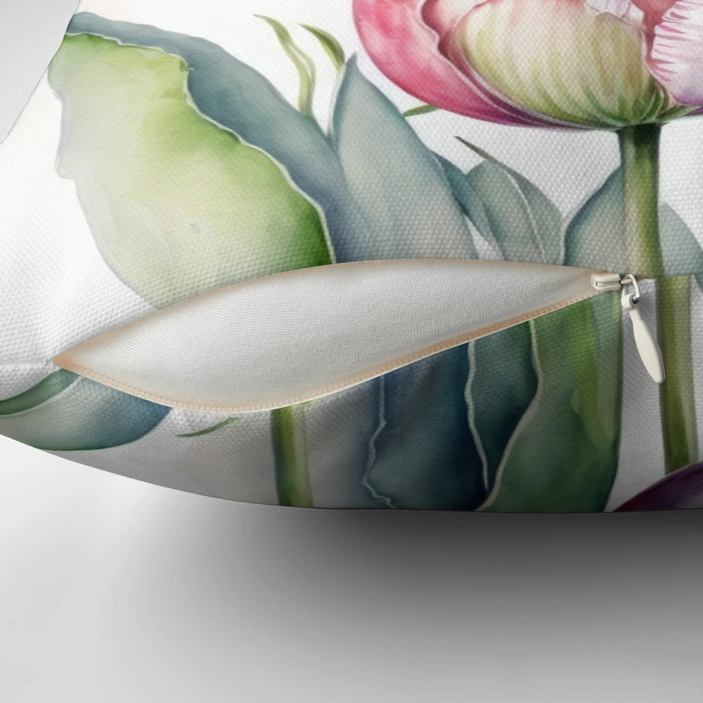 Close-up of a beautiful pink tulip flower printed on a decorative pillow