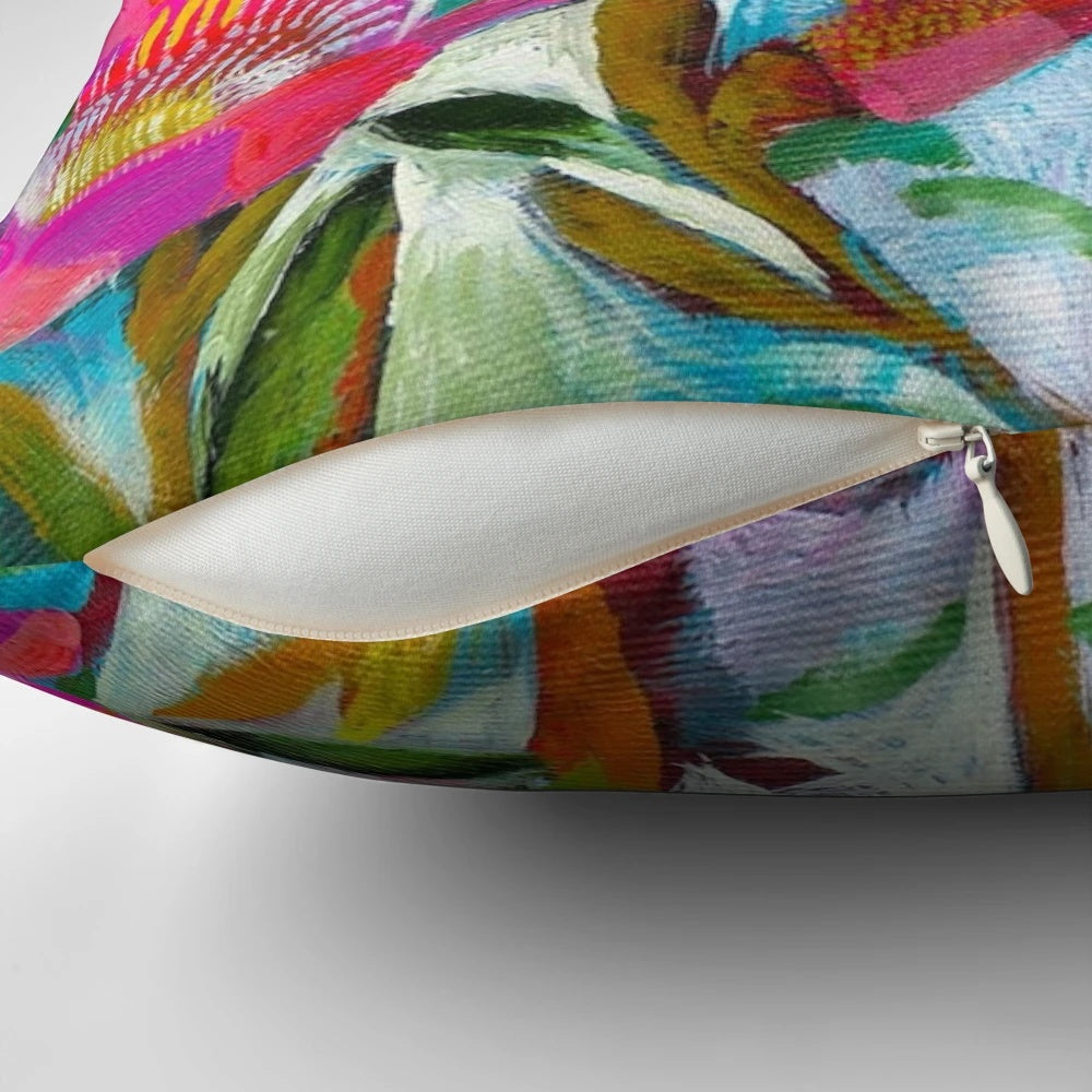 A vibrant and feminine floral pillow featuring a beautiful bouquet of summer roses in shades of pink.