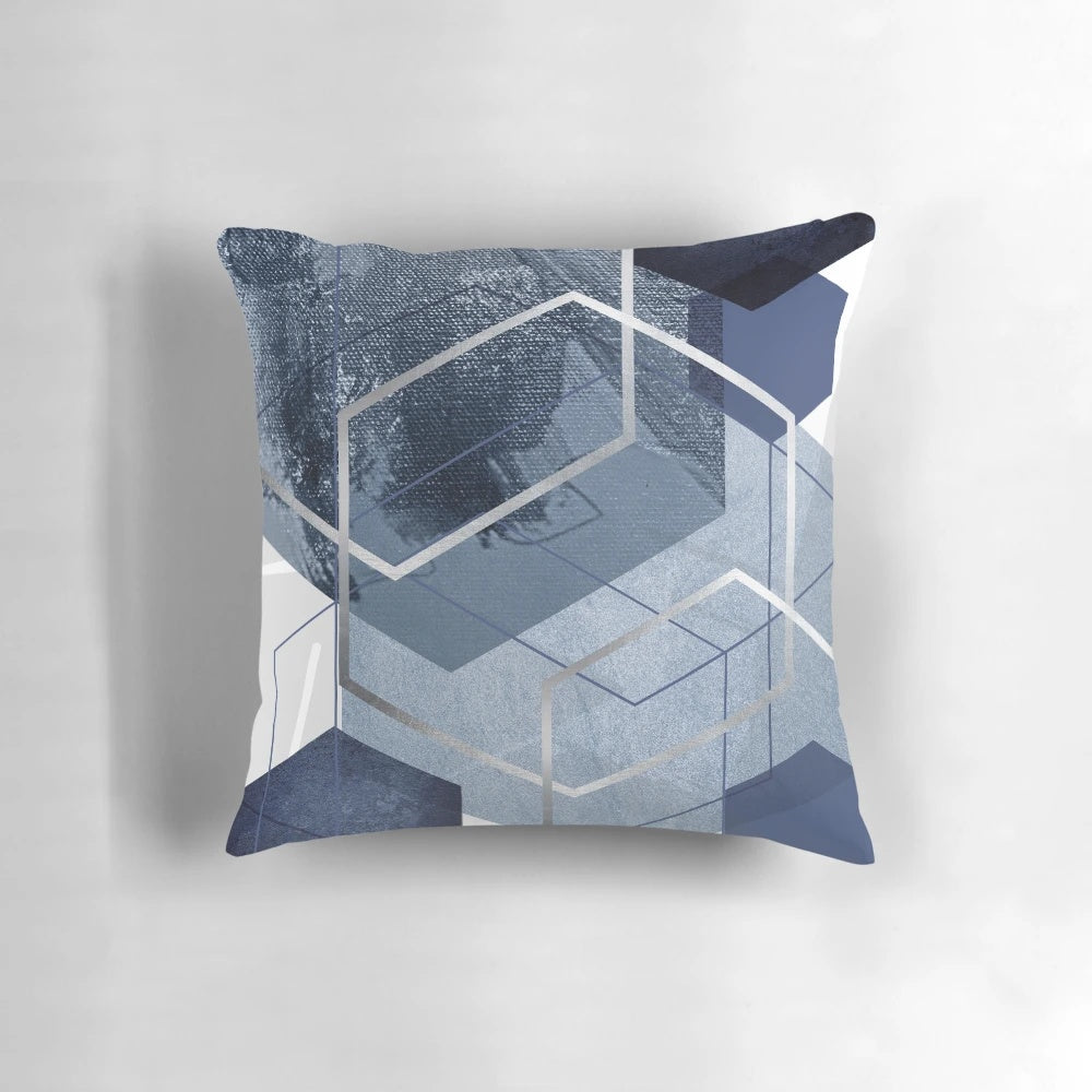 Blue and grey geometric hexagon pattern decorative pillow
