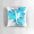 Blue and white explosion design on a decorative pillow featuring a gymnast silhouette